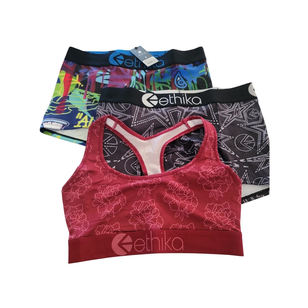 Ethika Girls 3pc Set Red Floral Sports Bra and 2pk Boyshort Underwear Sz L 10/12